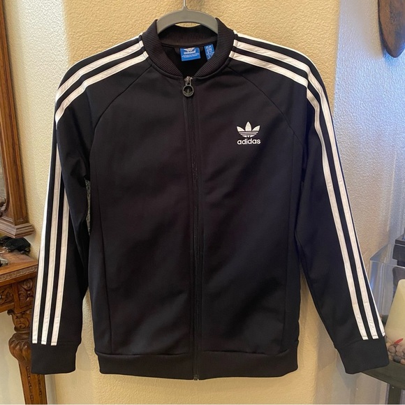 ADIDAS Kids Teens Black w/ White Stripes Zip Track Jacket Size 13-14 Yrs-Unisex - Picture 1 of 7